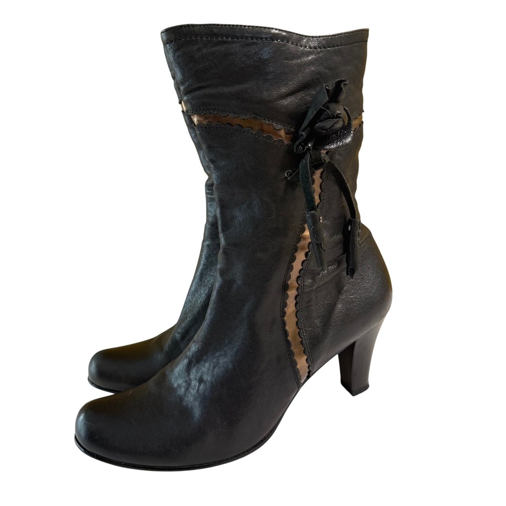 Brretti Witchy Steampunk Mid Calf Boots Sz 6.5 Black Leather Floral Tassel Heels